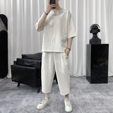 W8581P85短句风短袖棉麻夏装牛头印花风休闲七分T恤套装，男装休闲套装，电商A026