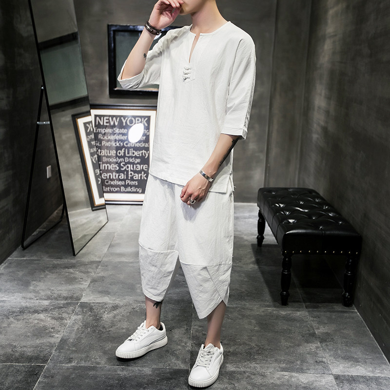 W18P80室内风2024夏装新款宽松亚麻套装七分袖七分裤棉麻纯色,男装休闲套装,电商A026