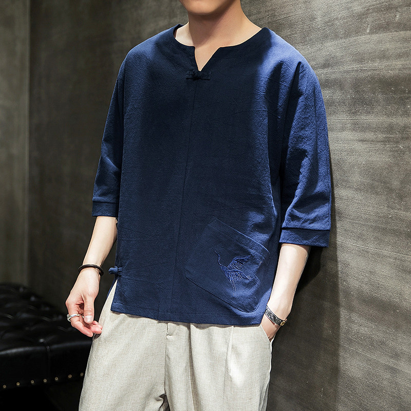 587P45室内风风七分袖棉麻仙鹤刺绣加大码T恤,男装T恤,电商A026