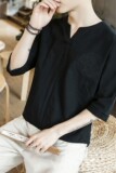 T19特P35咖啡厅2024夏装新款亚麻盘扣风潮流时尚七分袖T恤，男装T恤，电商A026