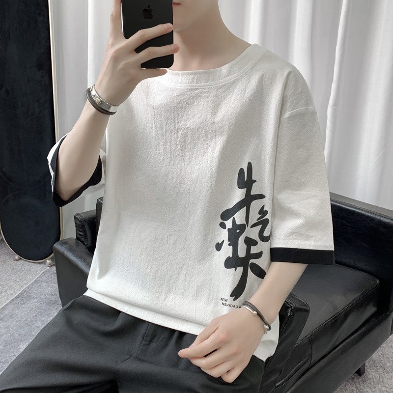 T8887P45短句风撞色拼接T恤青年棉麻宽松七分袖牛气冲天印花,男装T恤,电商A026
