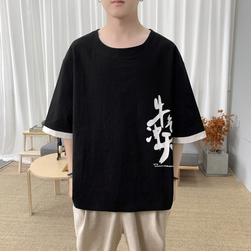 T8887 P45 新咖啡厅 风棉麻纯棉汉字印花短袖圆领T恤夏装图片