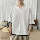 T8882P45新咖啡厅风假两件棉麻盘扣休闲潮流学生宽松T恤，男装T恤，电商A026