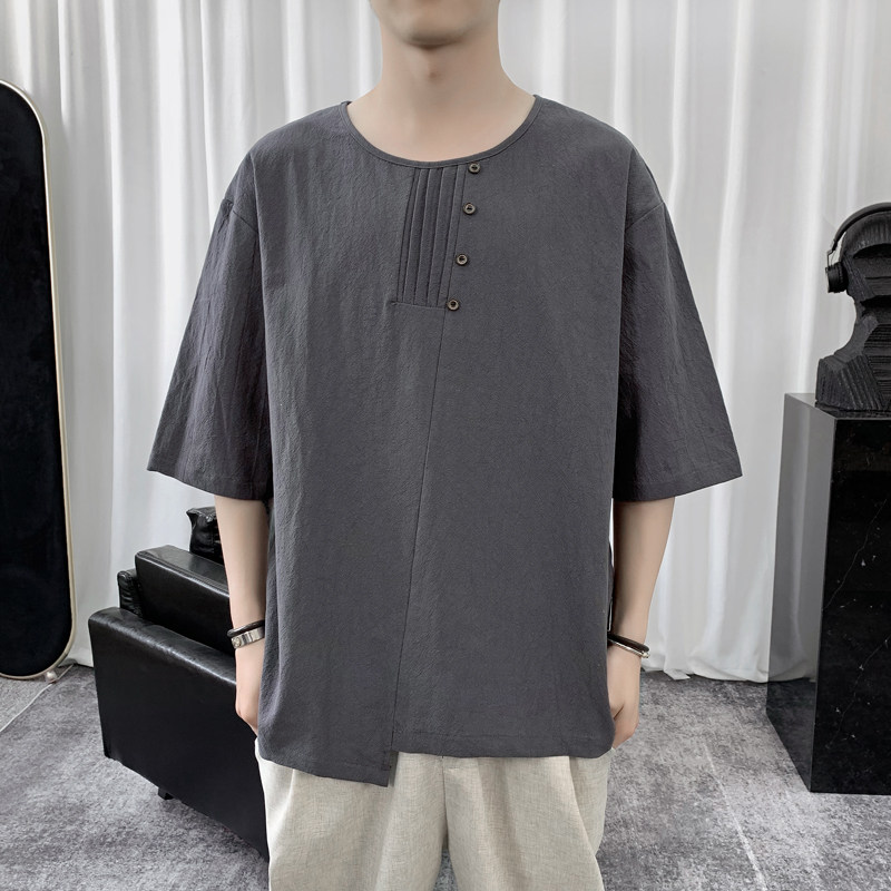 T8889P45短句风简约纯色百搭T恤纽扣装饰宽松休闲七分袖青年,男装T恤,电商A026