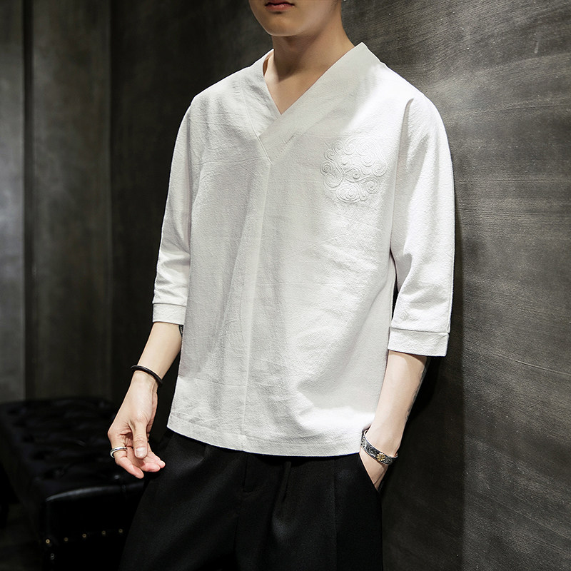 588P45室内风2024夏装新款风纯色V领百搭大码七分袖T恤,男装T恤,电商A026