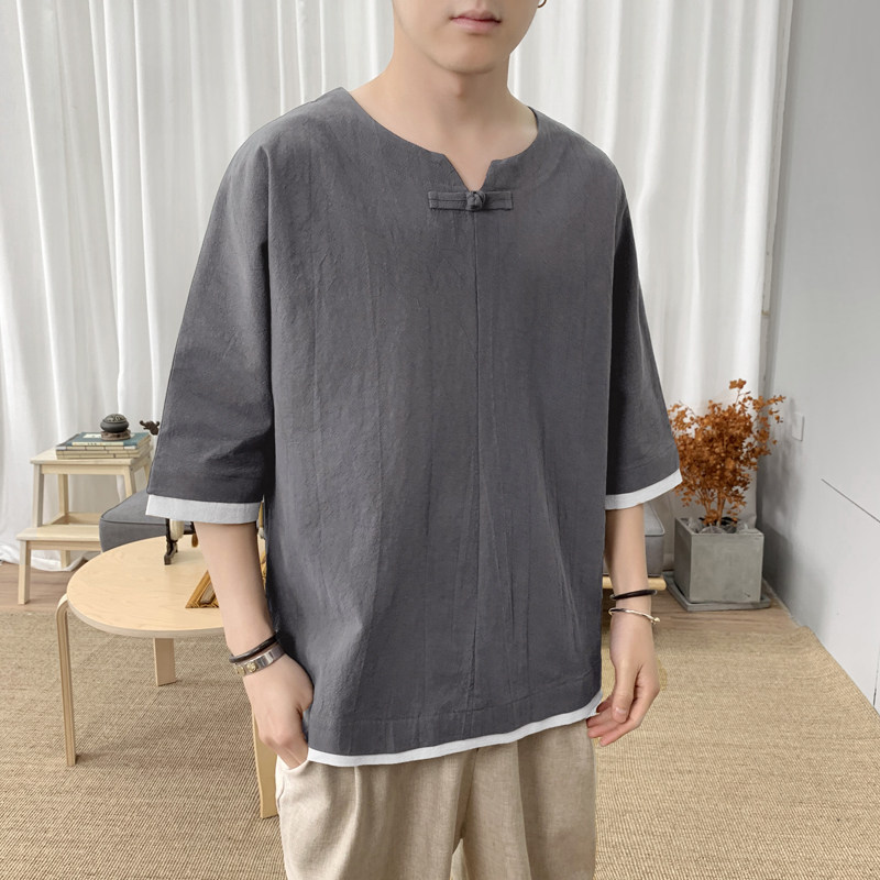 T8882P45新咖啡厅棉麻宽松盘扣风T恤短袖夏装假两件百搭,男装T恤,电商A026