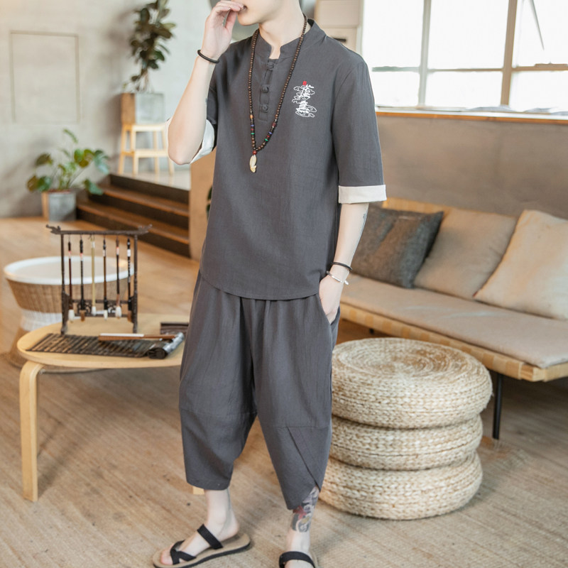 W710P60咖啡厅风七分袖七分裤加大码时尚青年盘扣T恤套装,男装休闲套装,电商A026