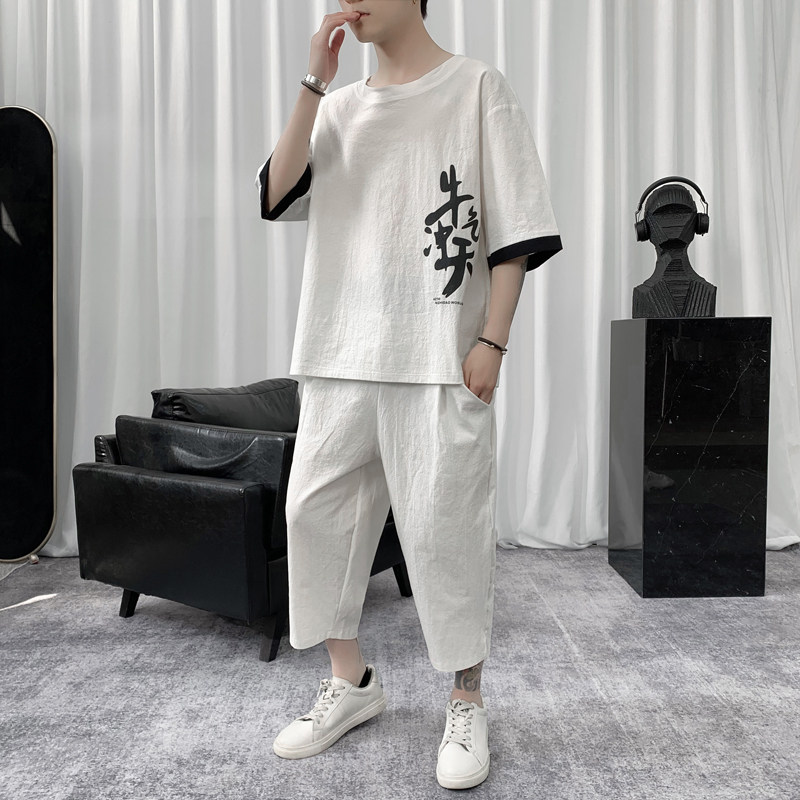 W857P85短句风短袖汉字印花T恤套装棉麻薄款风七分裤青年,男装休闲套装,电商A026