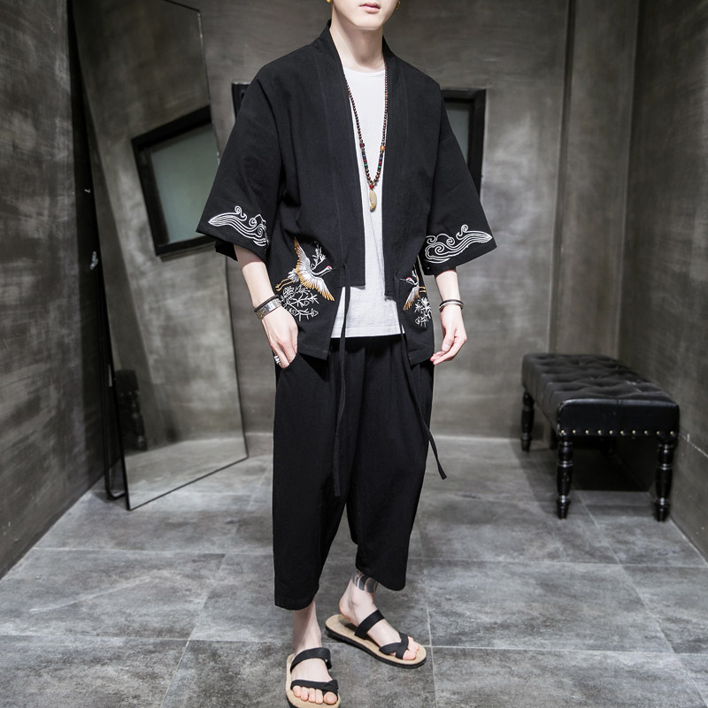 A611P85室内风2024夏装新款七分袖七分裤仙鹤刺绣宽松汉服套装,男装休闲套装,电商A026