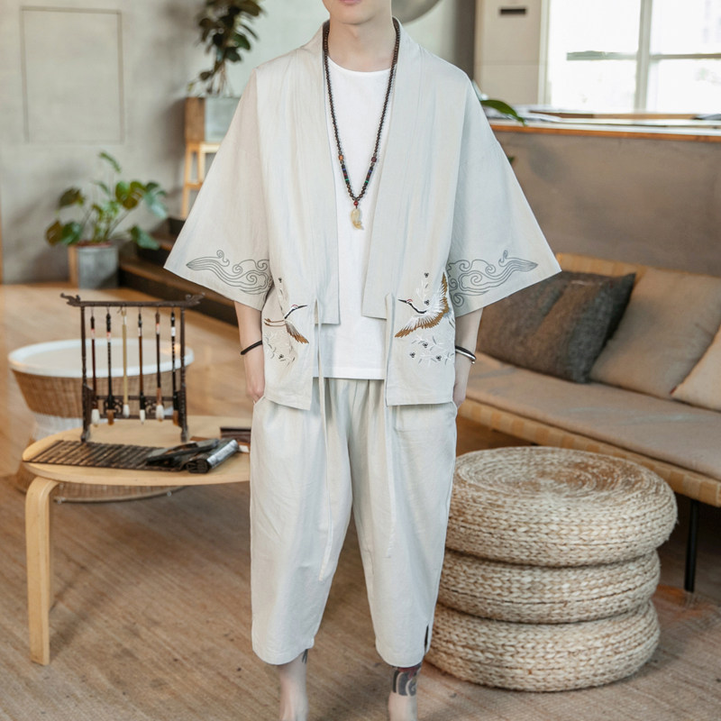 A611P90咖啡厅2024夏装新款七分袖七分裤风绣花汉服套装,男装休闲套装,电商A026