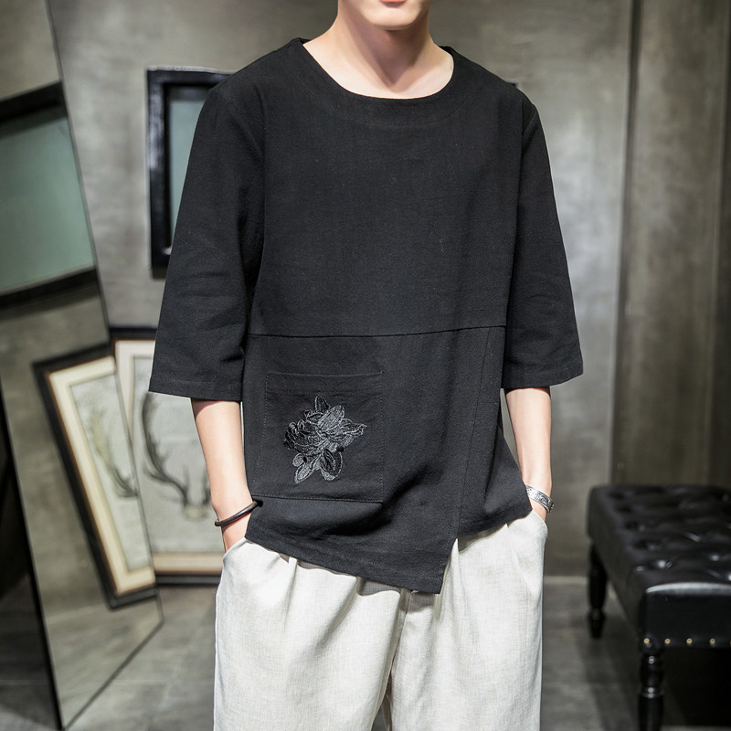 591P45室内风2024夏季新款百搭时尚风圆领绣花七分袖潮T恤,男装T恤,电商A026