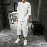 W19P80室内风2024夏新款亚麻盘扣风时尚七分裤T恤套装，男装休闲套装，电商A026