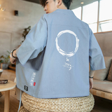 F868P45咖啡厅风潮流时尚大码七分袖休闲棉麻印花开衫汉服，男装民族服装，电商A026