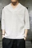 588P45室内风2024夏装新款风纯色V领百搭大码七分袖T恤，男装T恤，电商A026
