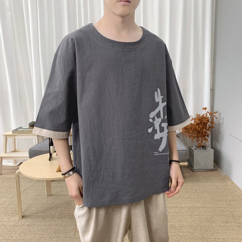 T8887P45新咖啡厅休闲时尚棉麻宽松短袖牛气冲天印花风,男装T恤,电商A026