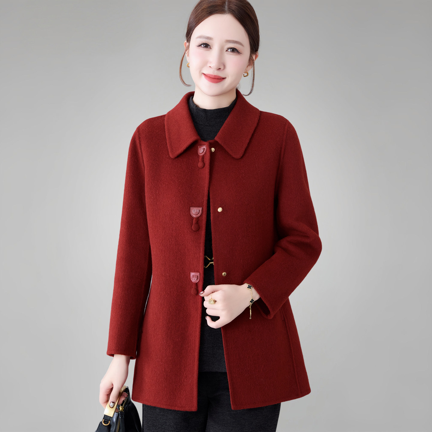 双面呢大衣女妈妈冬装2025新款气质女士红色高级感中长羊毛呢外套