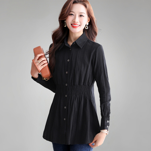 黑色纯棉衬衫女长袖春装2026新款收腰妈妈上衣设计感洋气中长衬衣