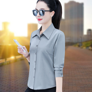 雪纺衬衫女士春装2026新款简约长袖翻领上衣妈妈时尚洋气显瘦衬衣