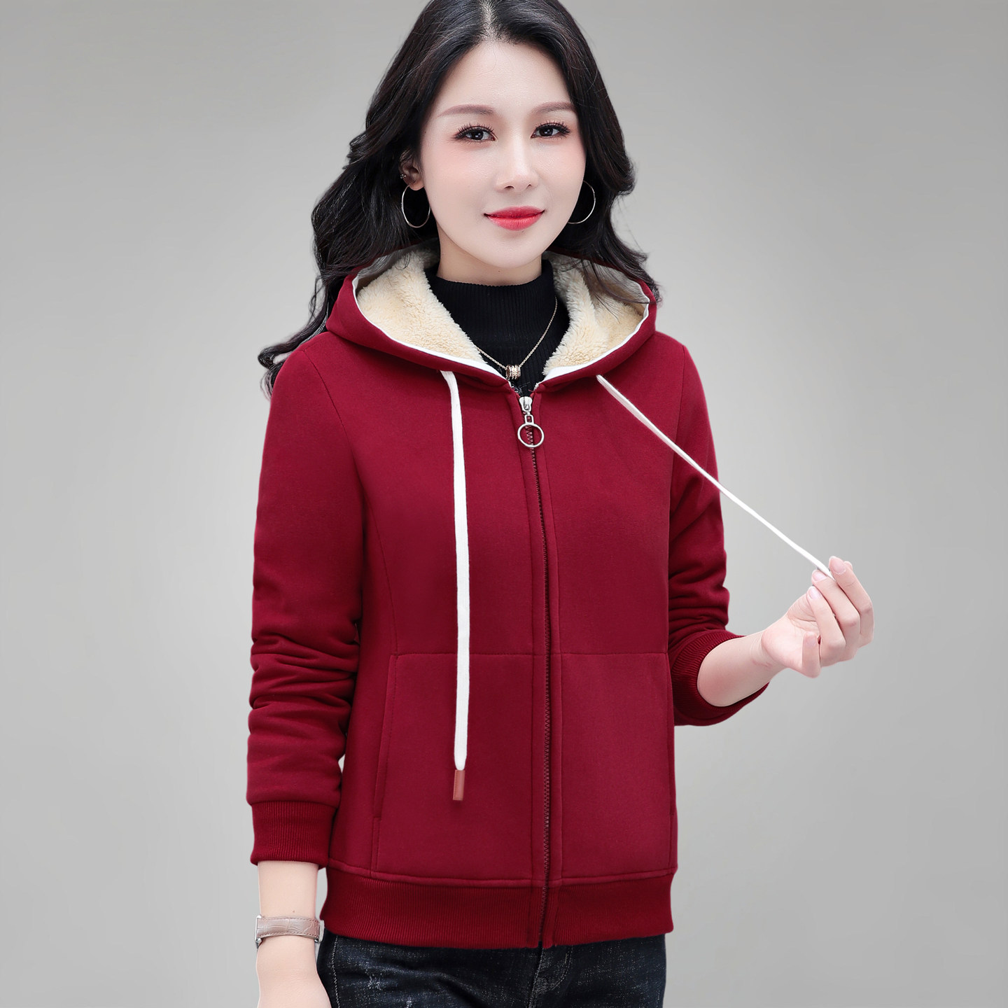 加绒卫衣女士连帽外套2025秋冬新款加厚拉链开衫妈妈休闲保暖上衣