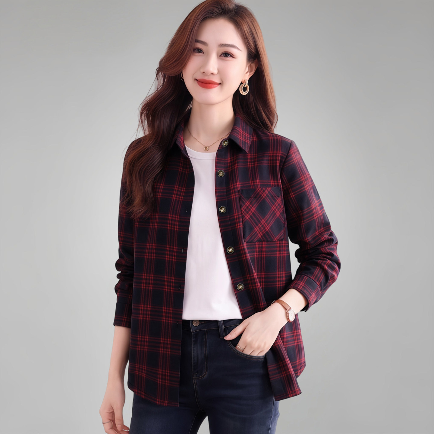 格纹衬衫女款长袖休闲衬衣外套