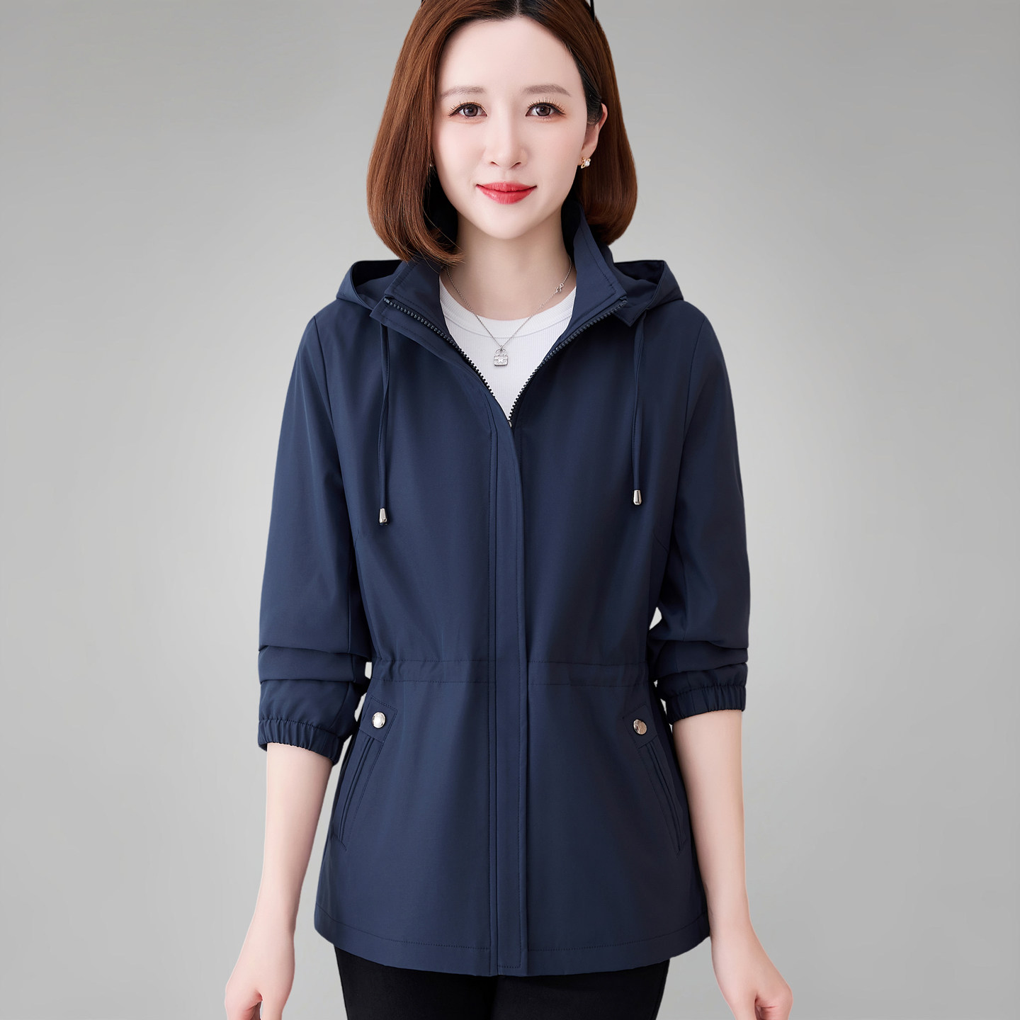 时尚连帽外套女士春装2026新款中年洋气夹克上衣收腰休闲妈妈风衣