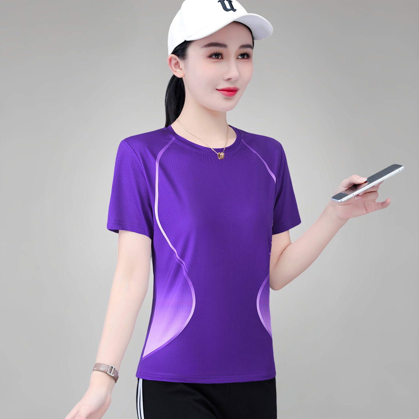 冰丝t恤女短袖薄款2026夏季新款妈妈运动服圆领上衣透气速干体恤