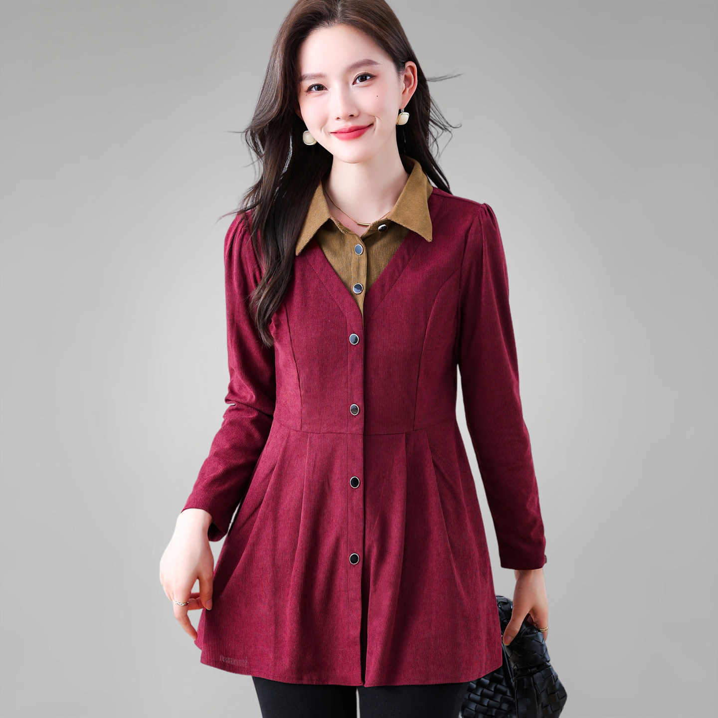 假两件女士长袖衬衫2026新款减龄妈妈春秋装上衣休闲洋气收腰衬衣