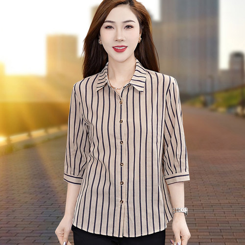 中袖竖条纹女士衬衣显瘦纯棉上衣