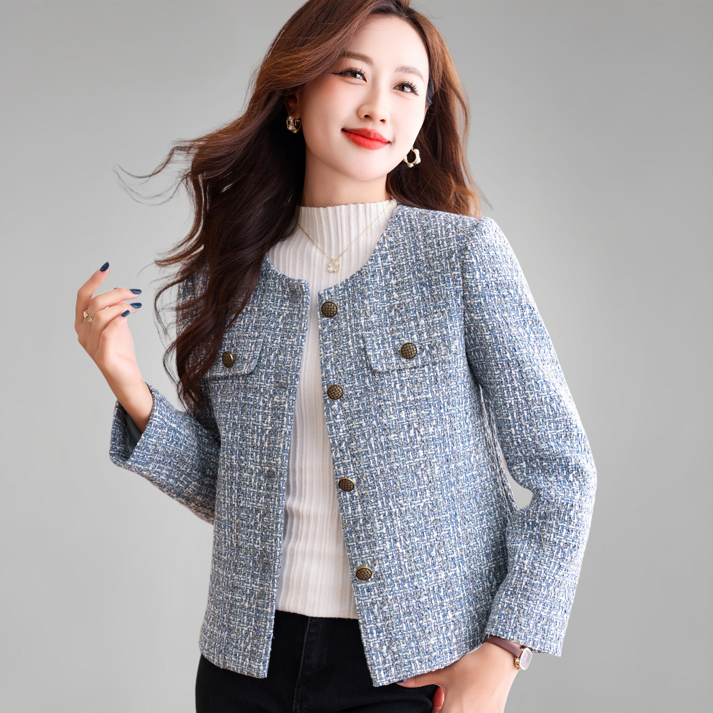 小香风外套女款外搭2025秋冬新款高级感上衣短款女士圆领呢子西装