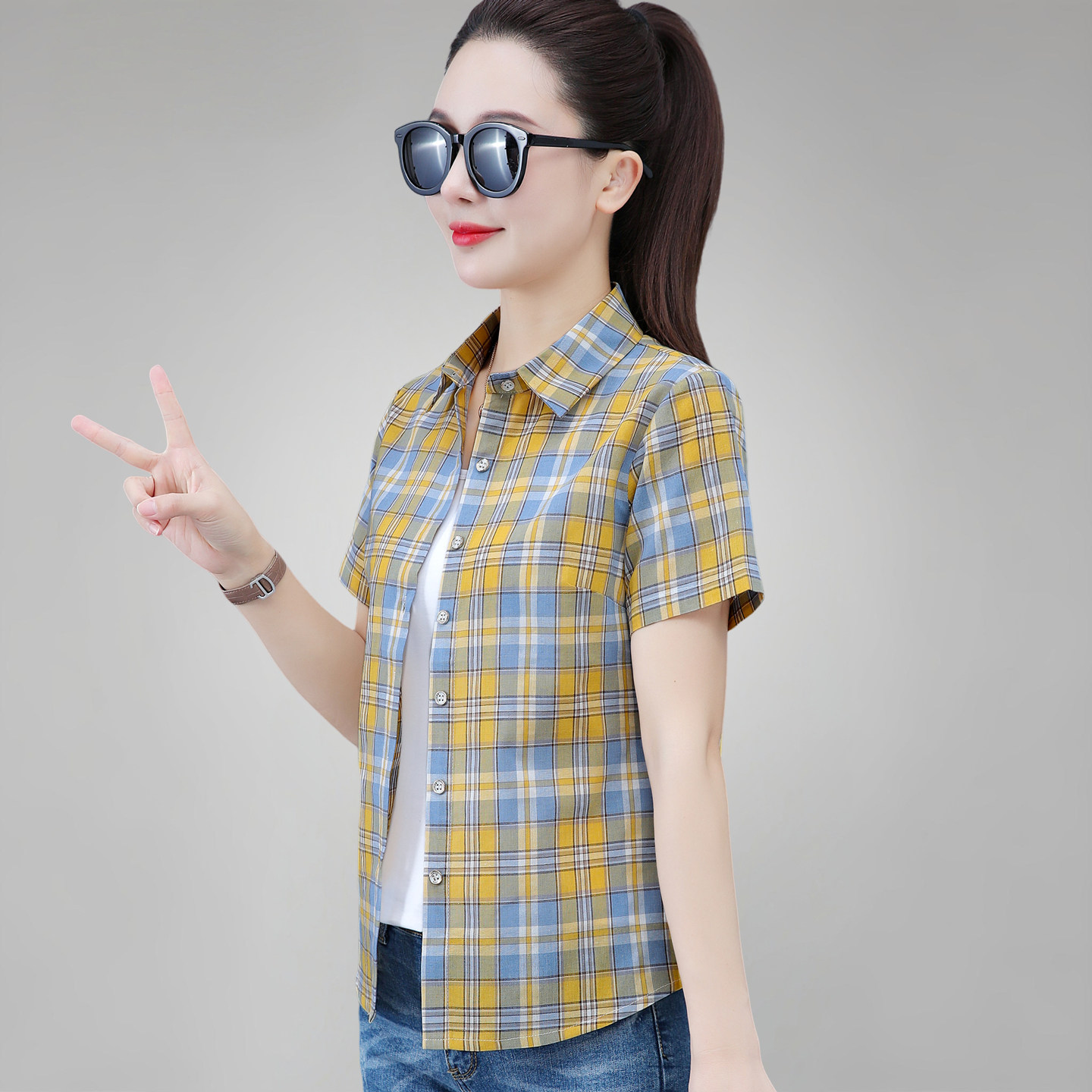 女士短袖格子衬衫2026夏季新款有领显瘦纯棉衬衣妈妈半袖格纹上衣