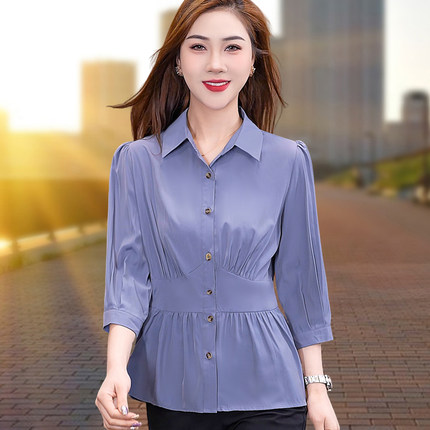 中年女士衬衫中袖夏装2026年新款收腰设计感上衣洋气棉麻妈妈衬衣