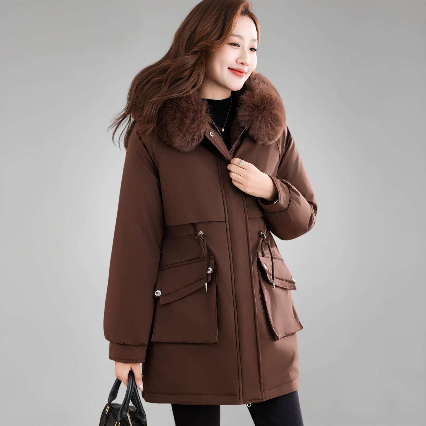 中长款派克棉服女士冬装2025新款设计感收腰保暖外套妈妈加绒棉衣