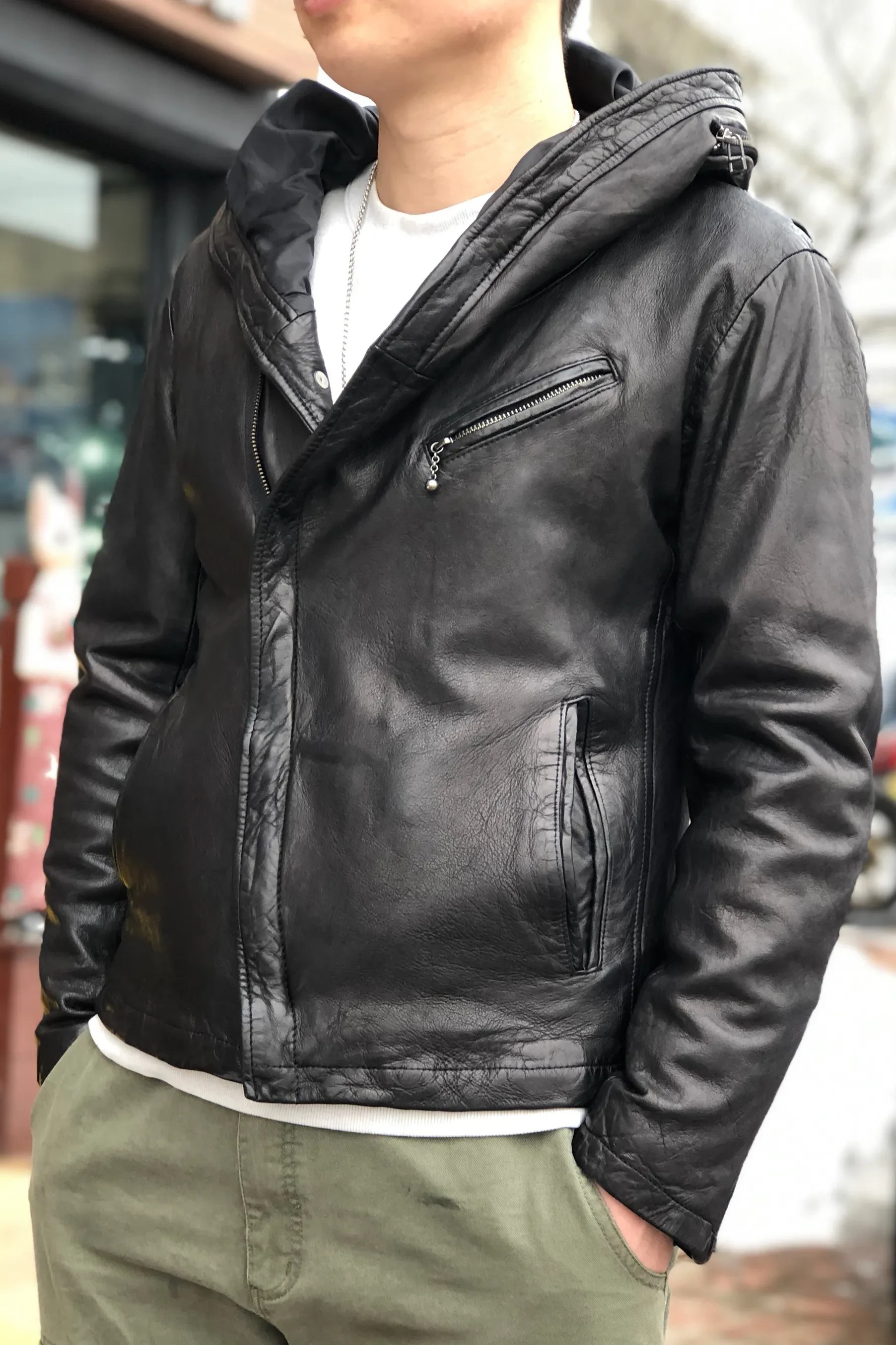 新品男士斜拉链连帽植鞣日系皮衣