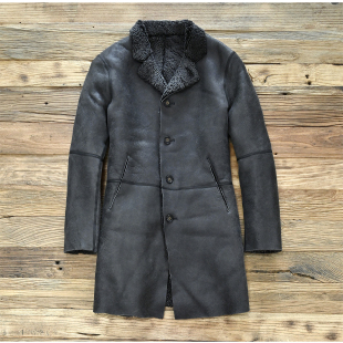 水洗做旧灰色修身 皮毛一体进口羔羊毛中长款 收腰显瘦皮衣 新款 男士