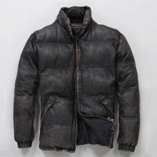 宽松绵羊皮羽绒服真皮羽绒皮衣 重水洗做旧复古大码 新款 男士