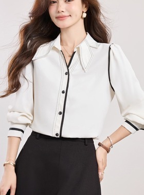 2025秋季新款高级感减龄洋气显瘦衬衣上衣法式白色泡泡袖V领衬衫