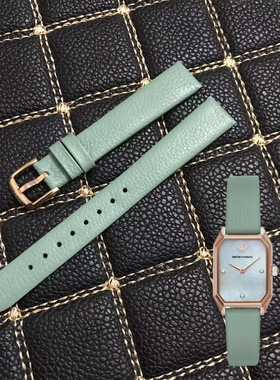 适用于阿玛尼手表女款荔枝纹真皮表带AR11302 1959小方绿表14mm