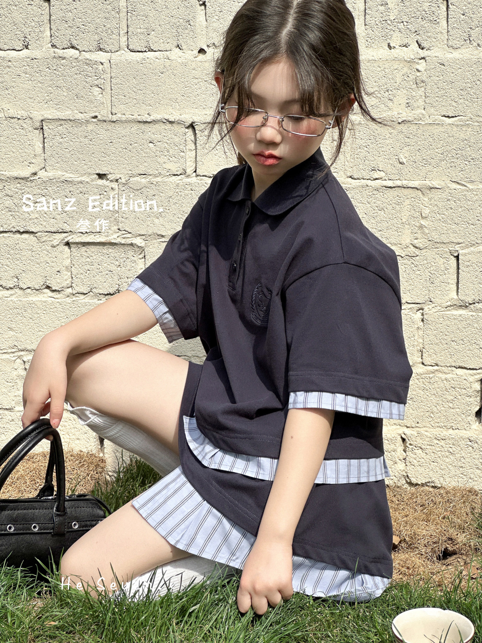 现货2025夏款波拉BORA女童polo短袖T恤上衣半裙套装学院风假两件