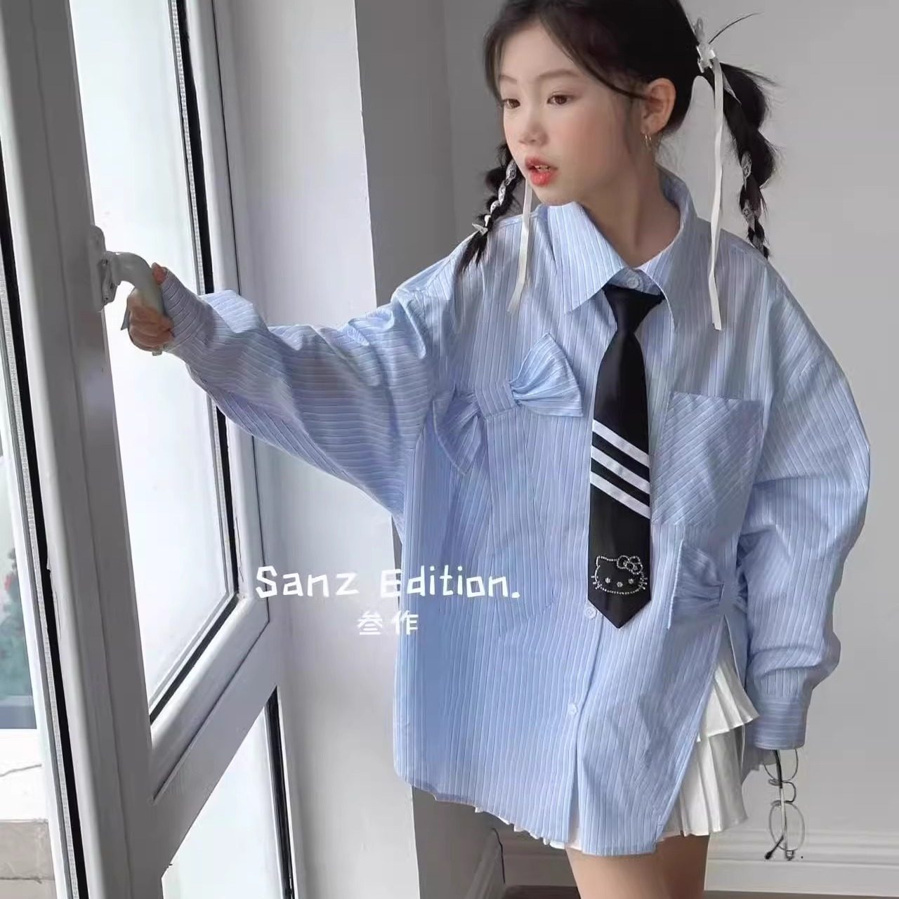 现货叁作2025春款波拉BORA女童设计款蝴蝶结领带条纹日系衬衫亲子