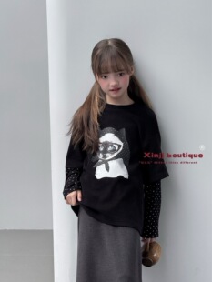 现货2026冬款心尖尖波拉BORA女童卡通拼接波点德绒T恤打底衫上衣