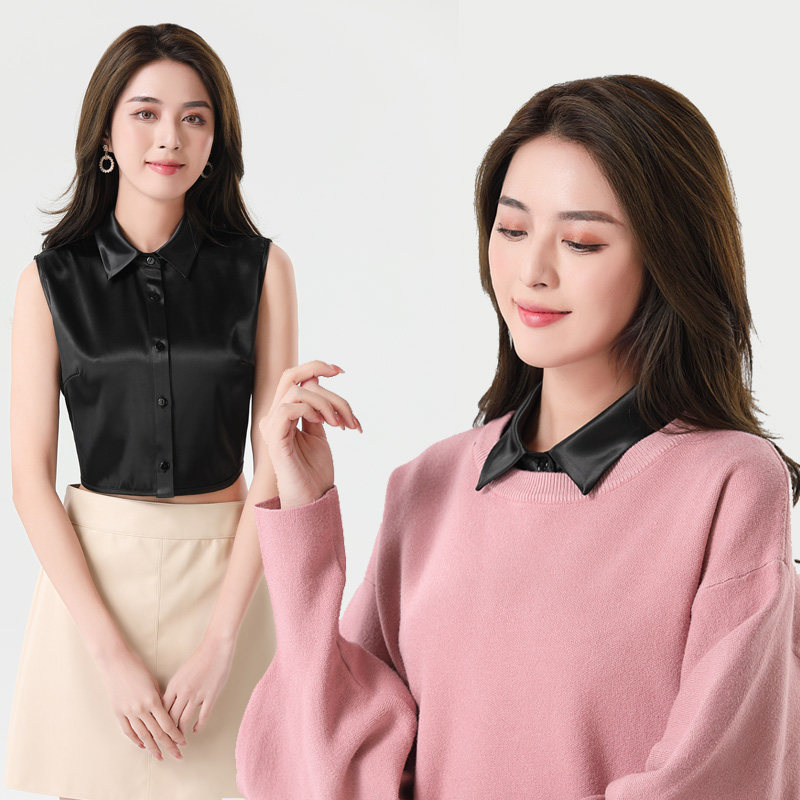 VERSATILE FAUX COLLAR WOMENS HORSE CLIP SHIRT NEW HIGH-END STRETCH SATIN RED SWEATER DECORATED FAKE SHIRT COLLAR SOLID COLOR