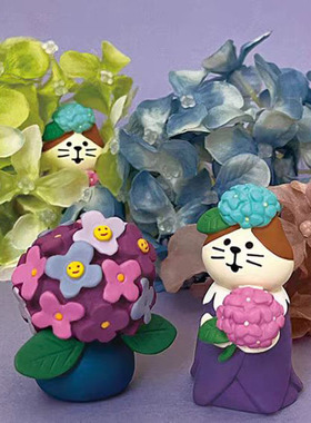 猫部杂货日式紫阳花猫咪画家青蛙梅雨季场景摆件盆栽装饰迷你公仔