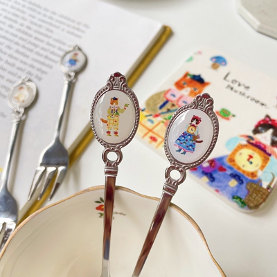 日本插画aiko fukawa猫咪不锈钢勺叉小众复古咖啡搅拌勺甜品叉子