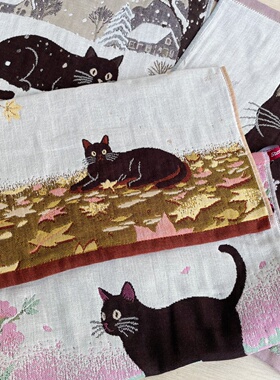猫部杂货出口日本猫咪四季刺绣插画风方巾复古小猫无捻棉手帕毛巾
