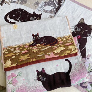 猫部杂货出口日本猫咪四季刺绣插画风方巾复古小猫无捻棉手帕毛巾