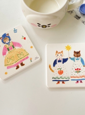 日本插画aiko fukawa猫咪硅藻泥方形杯垫乡村水彩风小猫隔热餐垫