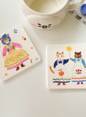 日本插画aiko fukawa猫咪硅藻泥杯垫乡村水彩风系列小猫隔热垫