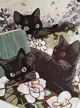 猫部杂货 花卉猫咪提花插画风方巾复古小猫无捻棉手帕毛巾
