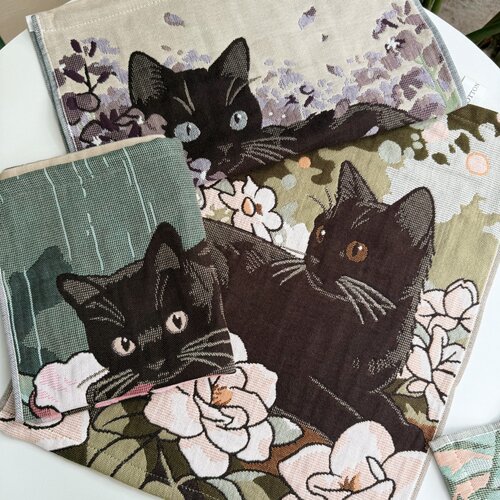 猫部杂货 花卉猫咪提花插画风方巾复古小猫无捻棉手帕毛巾
