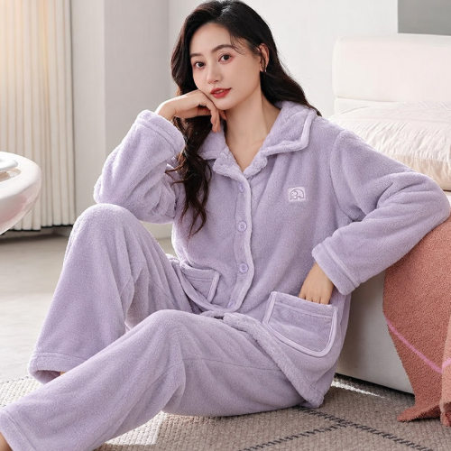 美梦睡衣女冬季加厚保暖珊瑚绒套装2026年新款纯色秋冬款法兰绒家